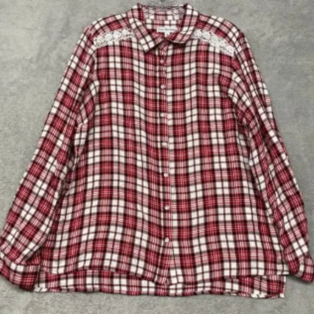2/$10 Kim Rogers Womens Shirt Extra Large Red Plaid Lace Roll Tab Sleeve Top